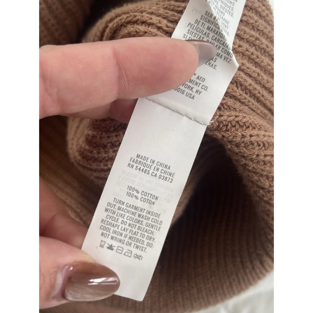 Aerie Ribbed Knit Sweater Balloon Sleeve CrewNeck Brown Cozy Casual Lounge Top M - Picture 10 of 10